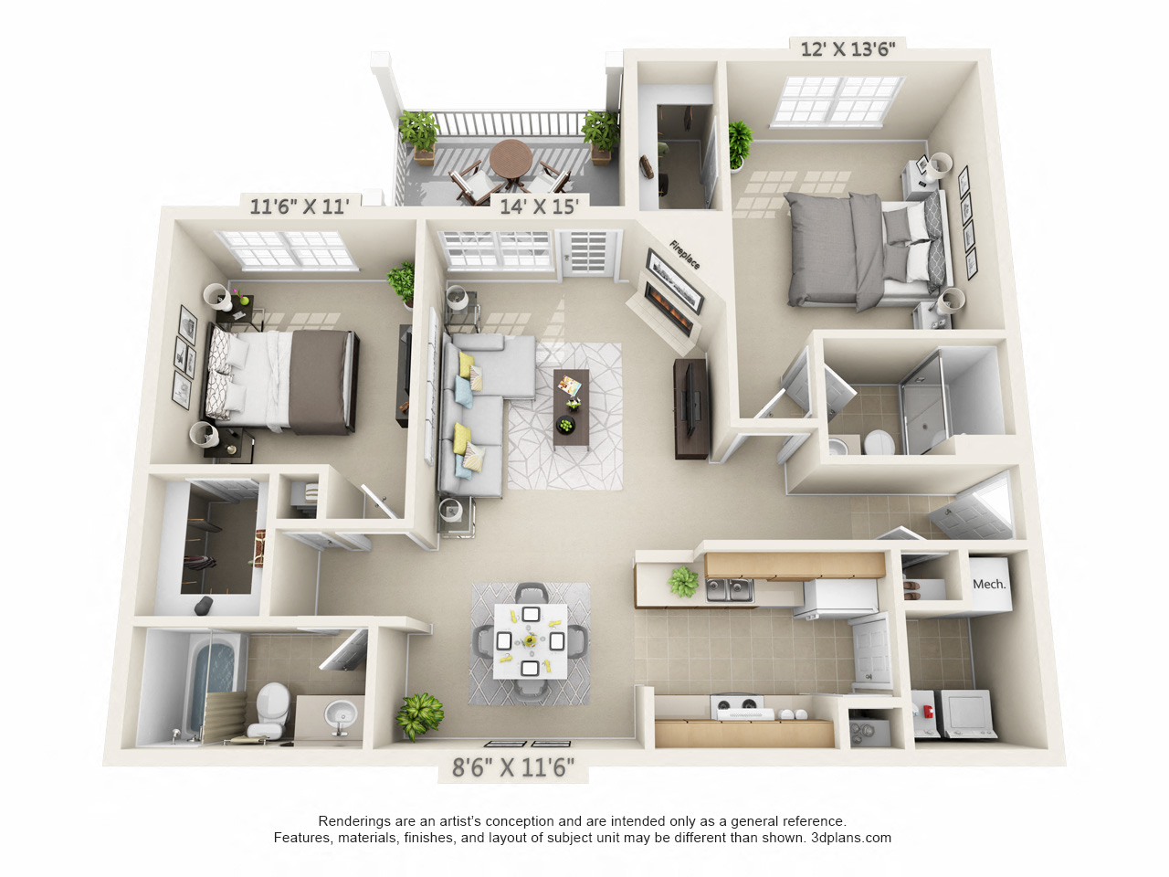 Floor plan for 2 beds, 2 baths, 1056 sqft